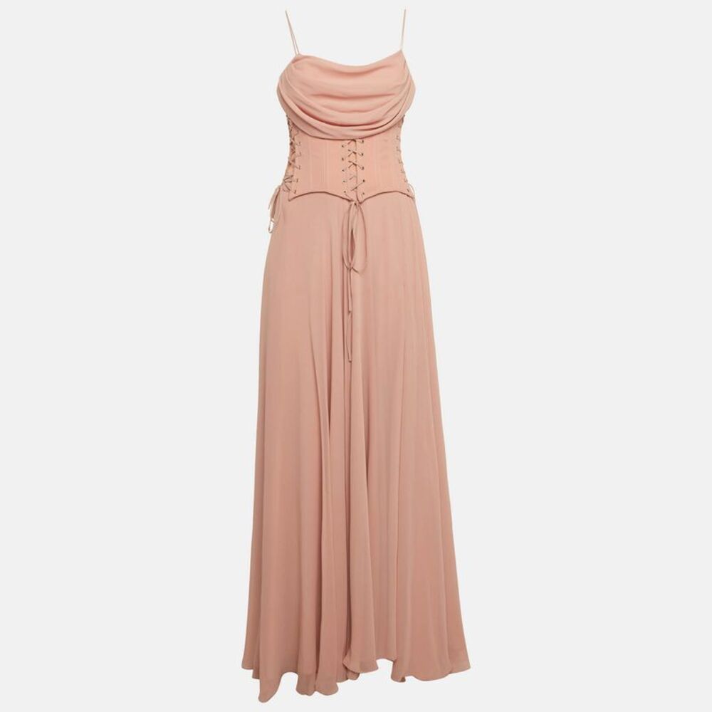 Zeena Zaki Peach Crepe Under Bust Corset Detail Maxi Dress M